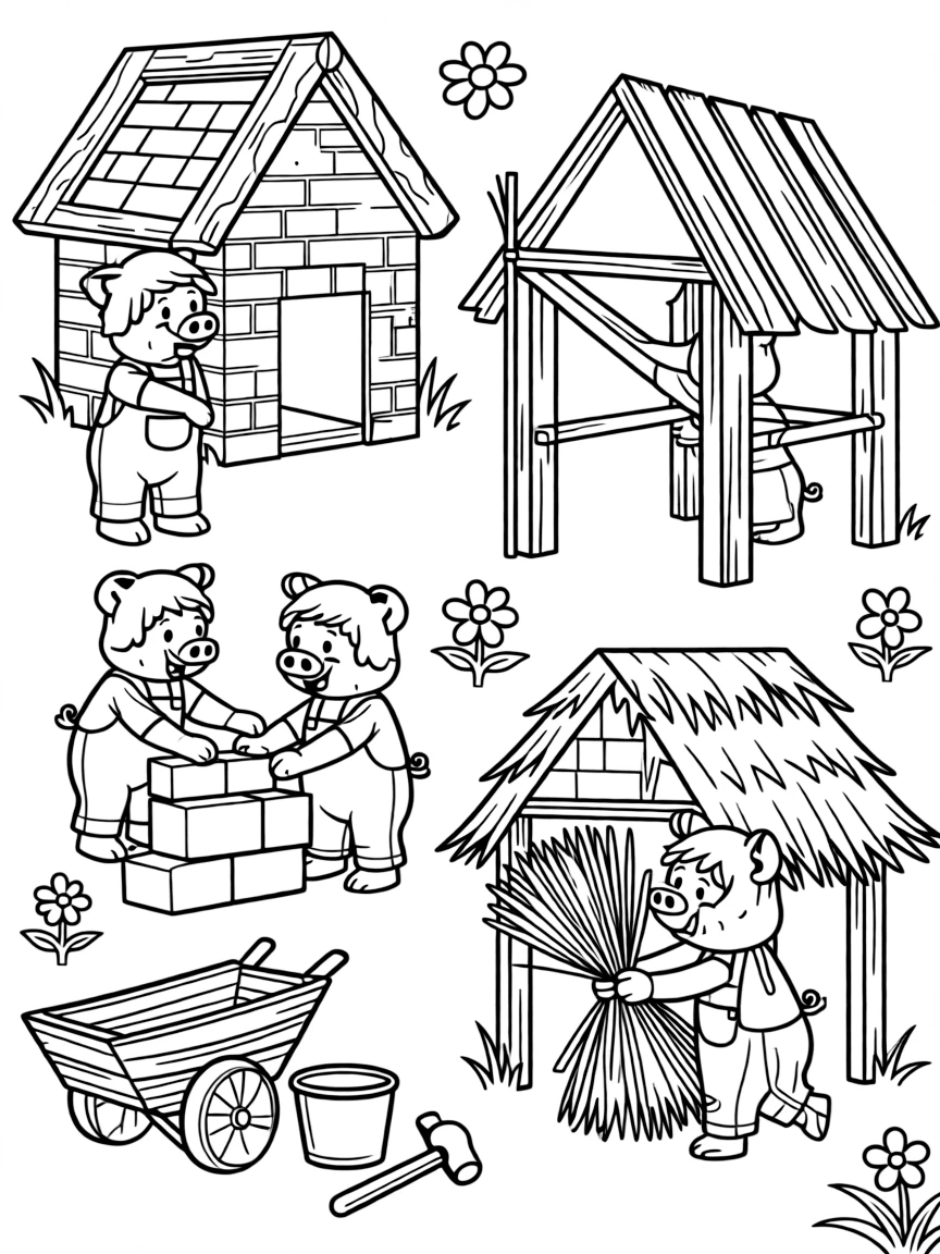 The Three Little Pigs building their houses.