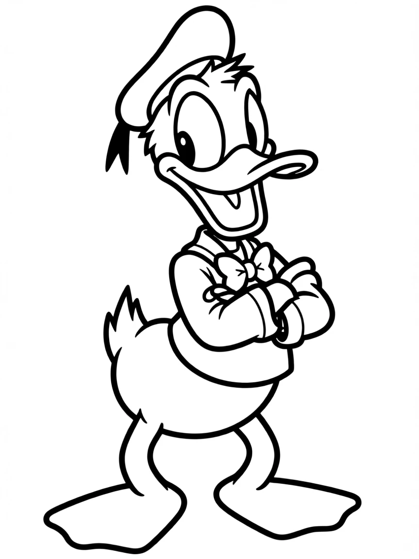 Donald Duck making a funny face, with his arms crossed.