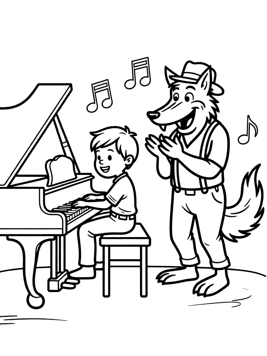 The Practical Pig playing the piano, with the Big Bad Wolf.