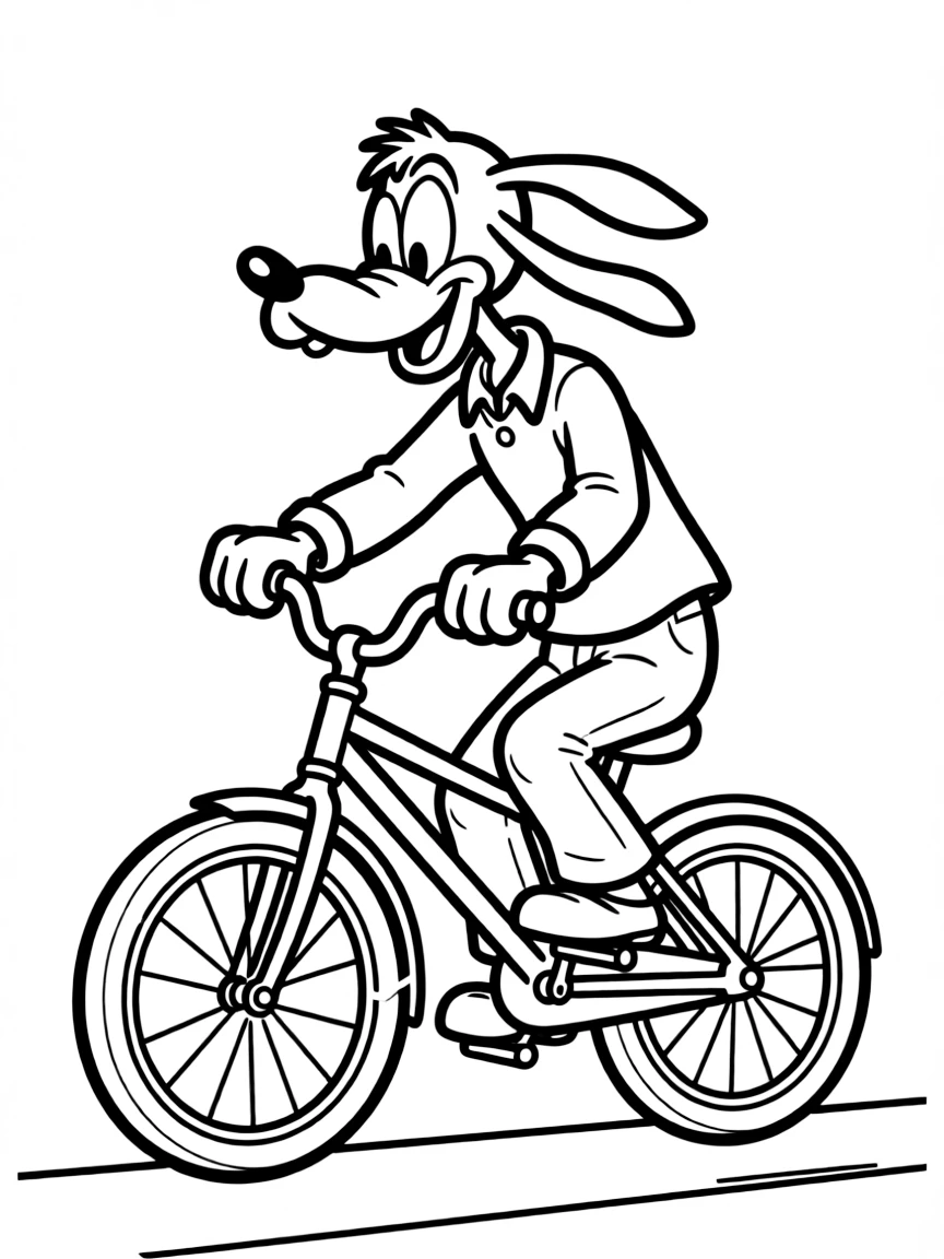 Goofy trying to ride a bicycle, looking clumsy.