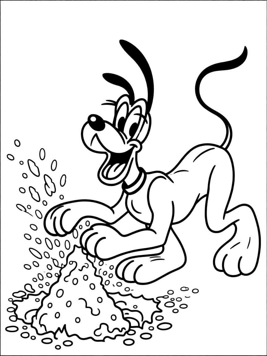 Pluto digging a hole, looking excited.