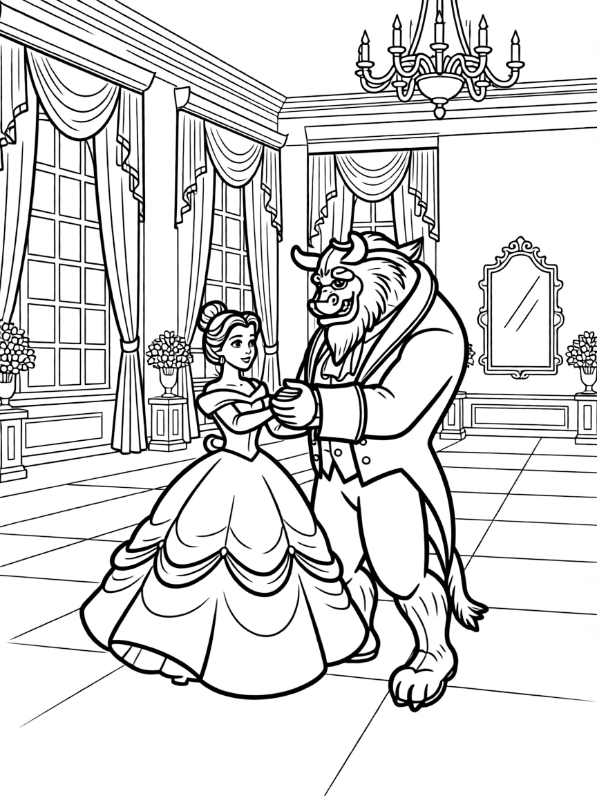 Belle and Beast dancing in the ballroom, holding hands.