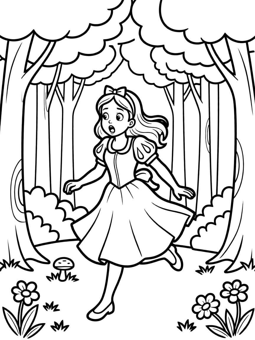Snow White running through the forest, looking scared.