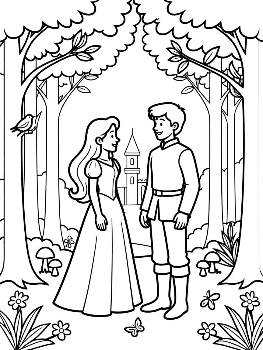 Aurora meeting Prince Philip in the forest.