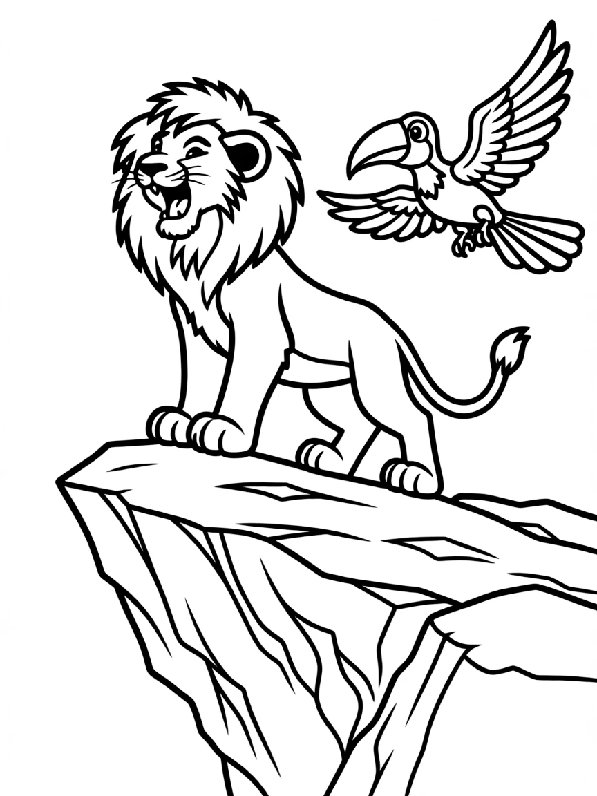 Simba roaring on Pride Rock, with Zazu flying nearby.