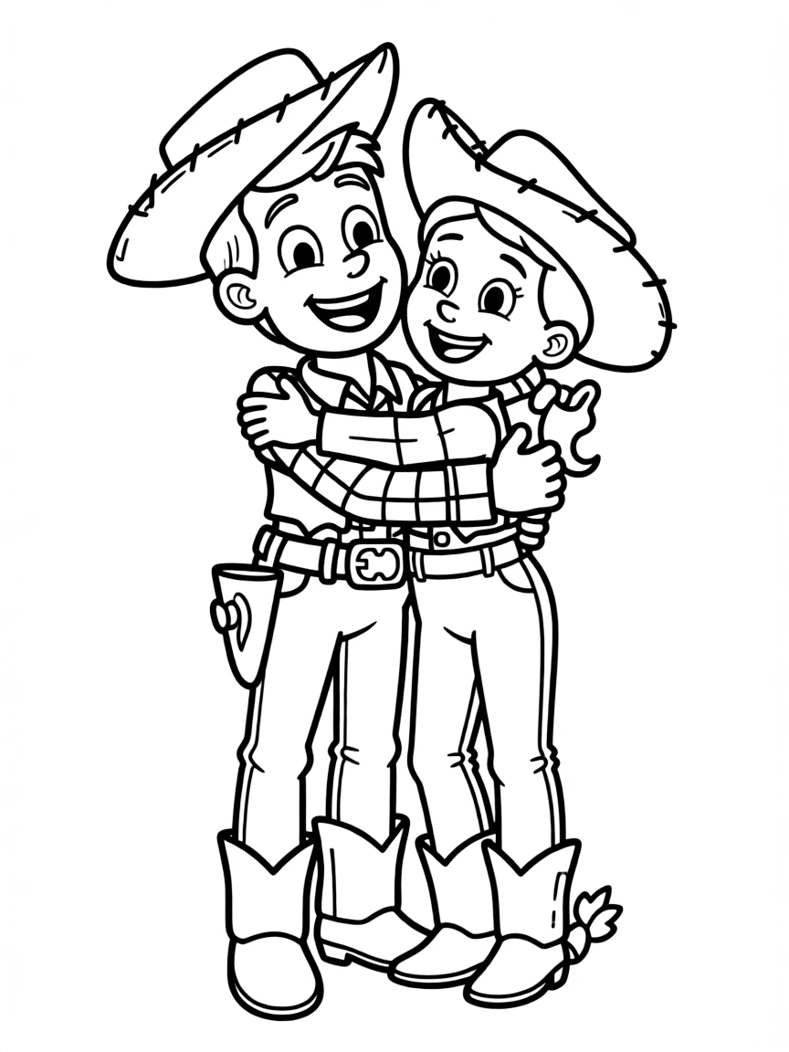 Woody hugging Jessie, with a happy expression.