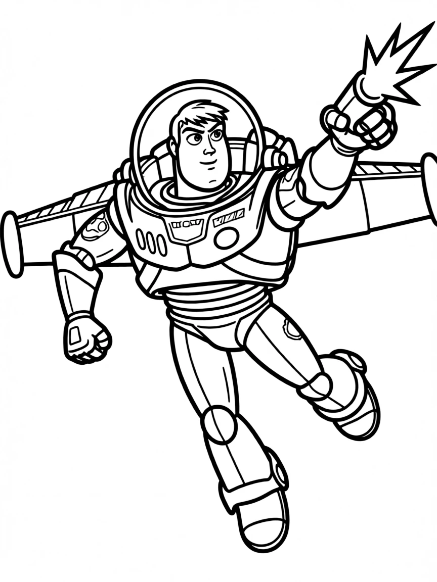 Buzz Lightyear flying with his laser on, looking heroic.