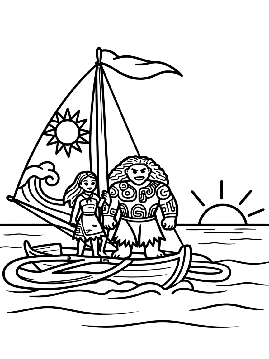 Moana and Maui on their boat, sailing towards the horizon.