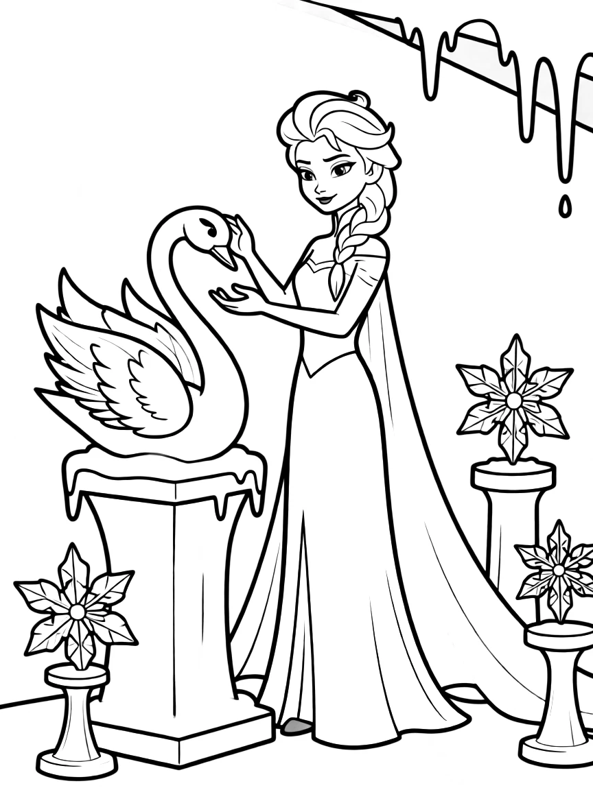 Elsa creating ice sculptures, looking serene.