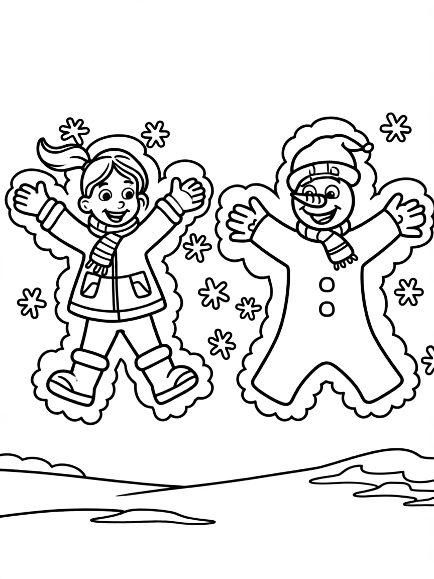 Anna and Olaf making snow angels together.
