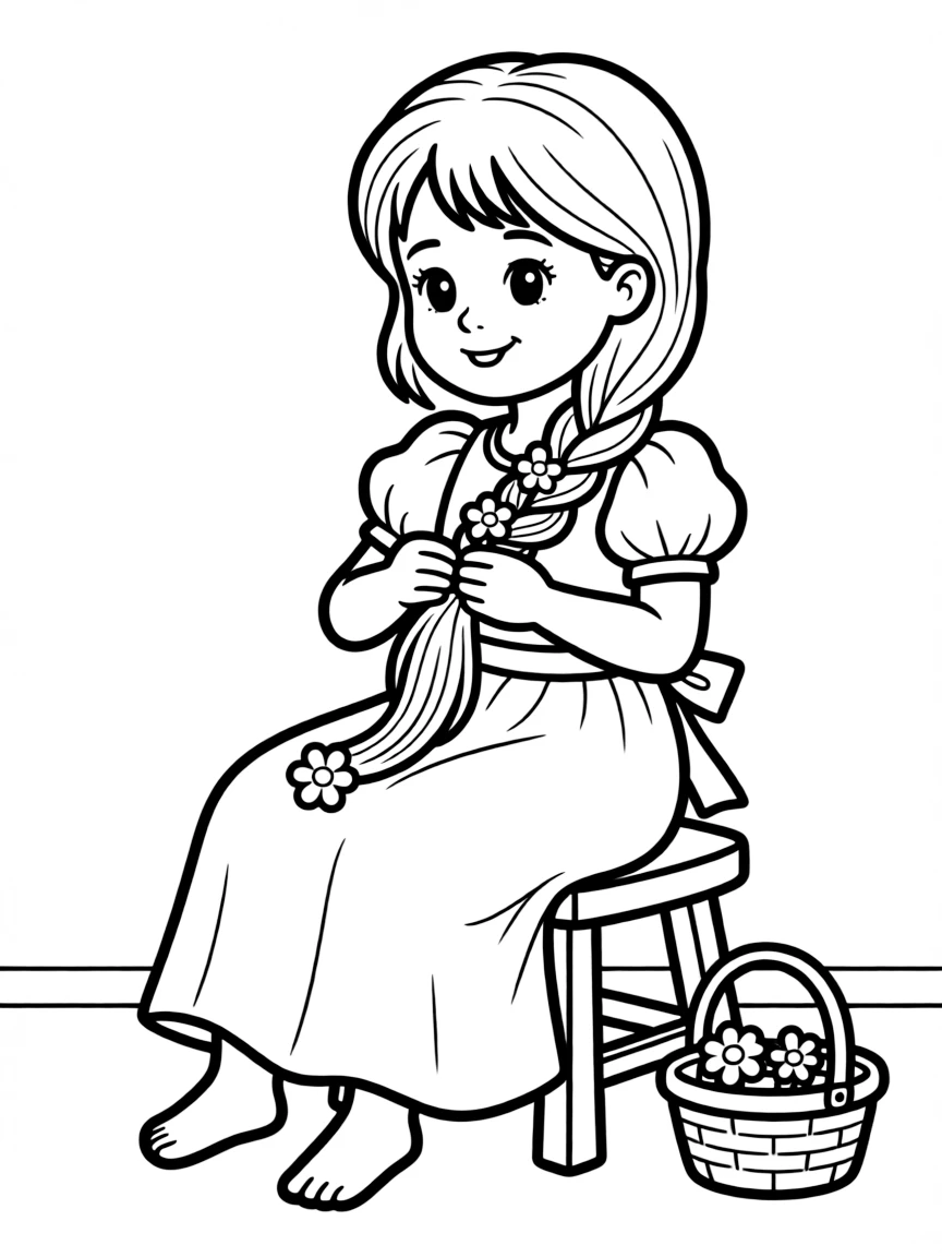 Rapunzel braiding her long hair with flowers.