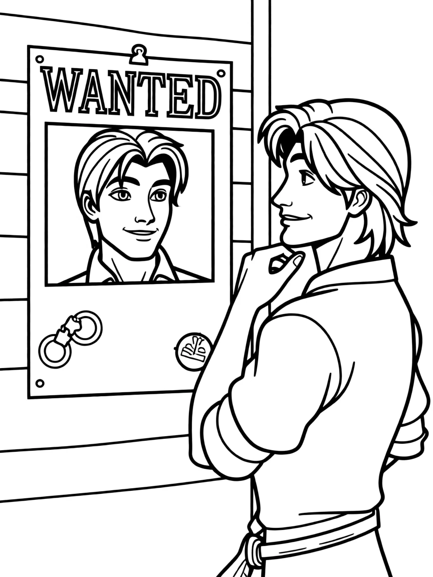 Flynn Rider looking at the "wanted" poster with his face.