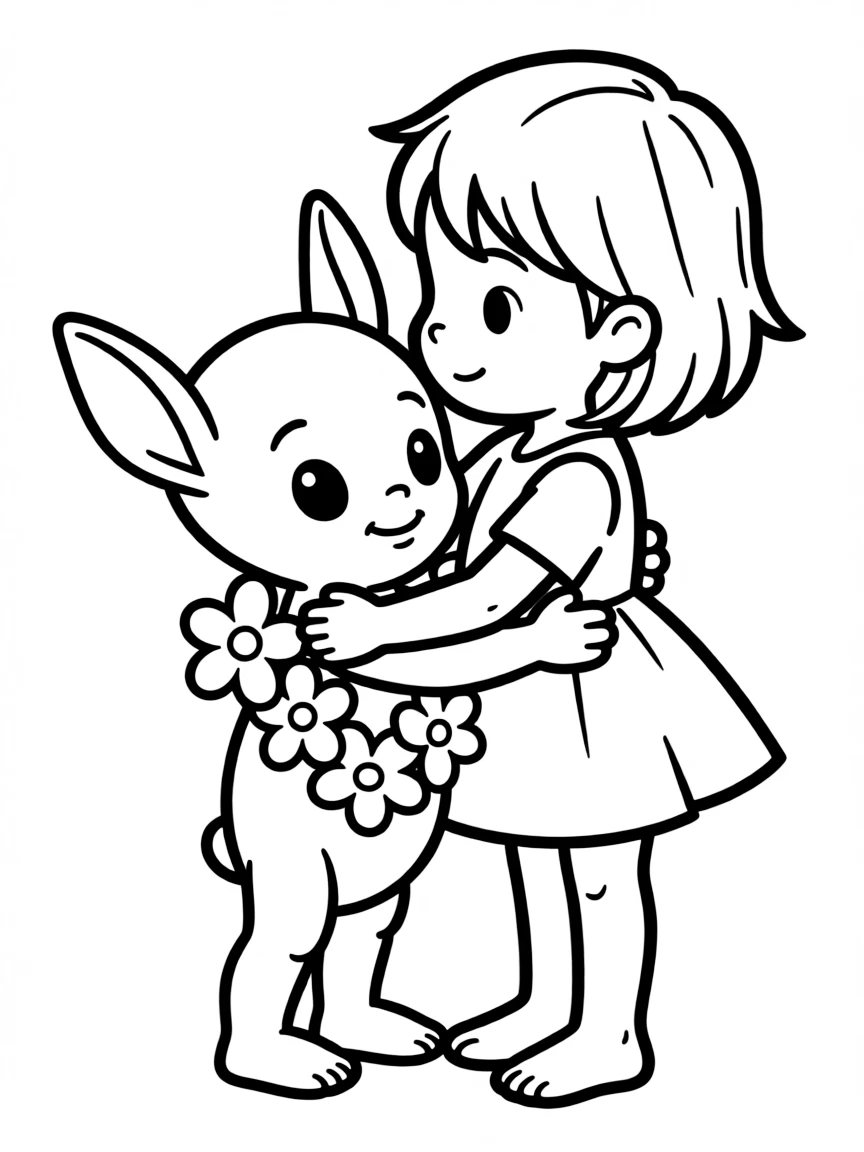 Lilo giving Stitch a big hug, with a lei around his neck.