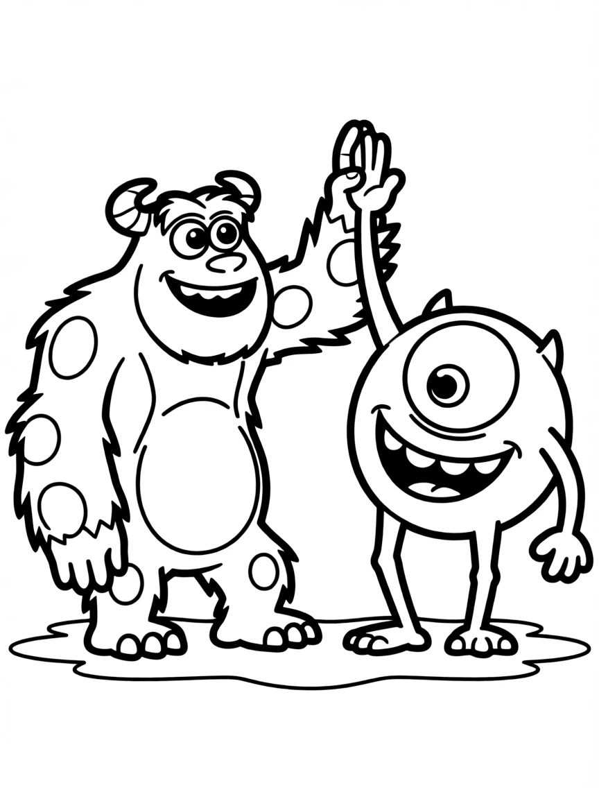 Sulley and Mike giving a high-five, looking happy.