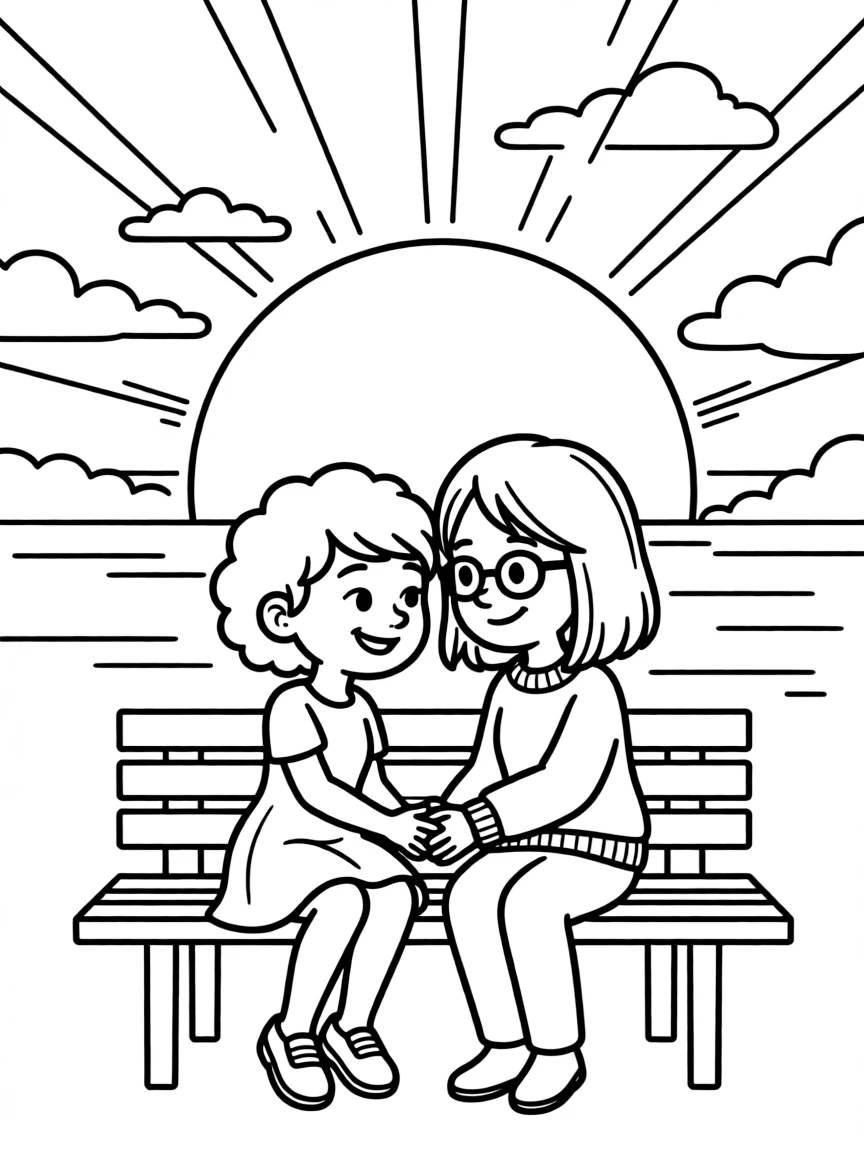 Joy and Sadness sharing a moment, with a sunset background.