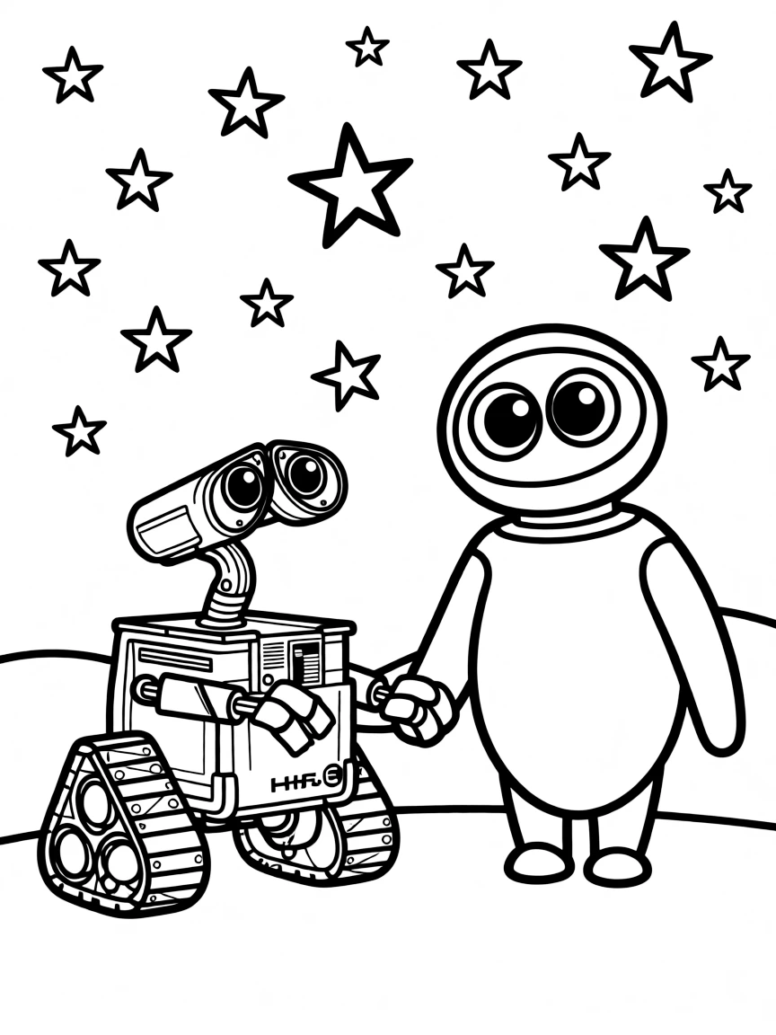WALL-E and EVE holding hands, looking at the stars.