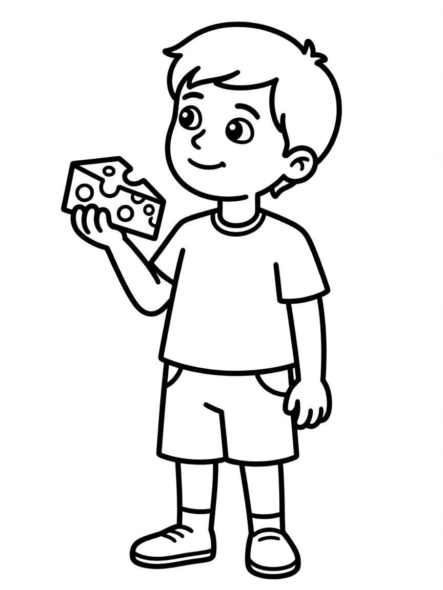 Remy holding a piece of cheese, looking thoughtful.