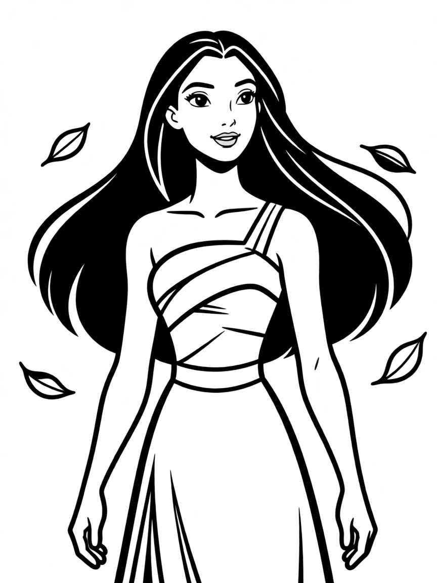 Pocahontas standing tall, with the wind in her hair.