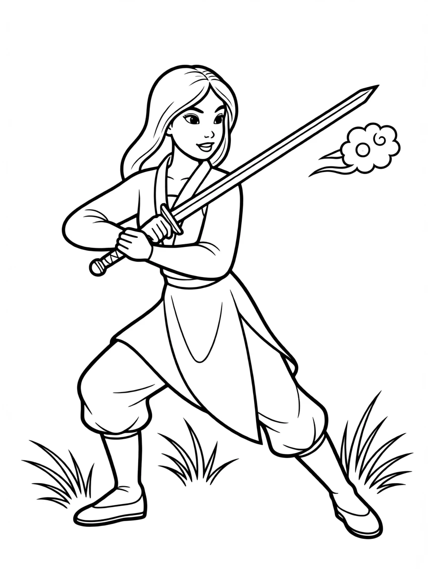 Mulan fighting bravely with her sword.