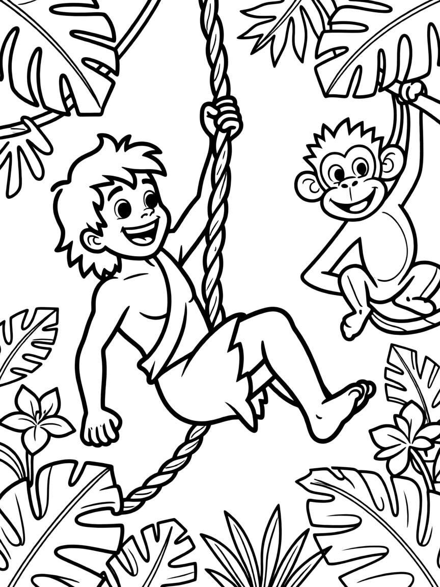 Tarzan swinging from a vine, with a big smile.