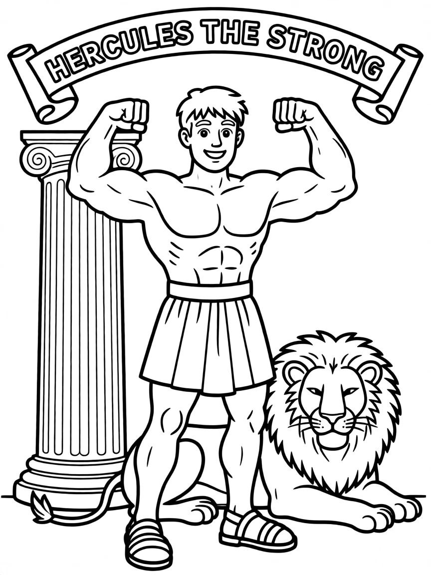 Hercules flexing his muscles, looking strong.