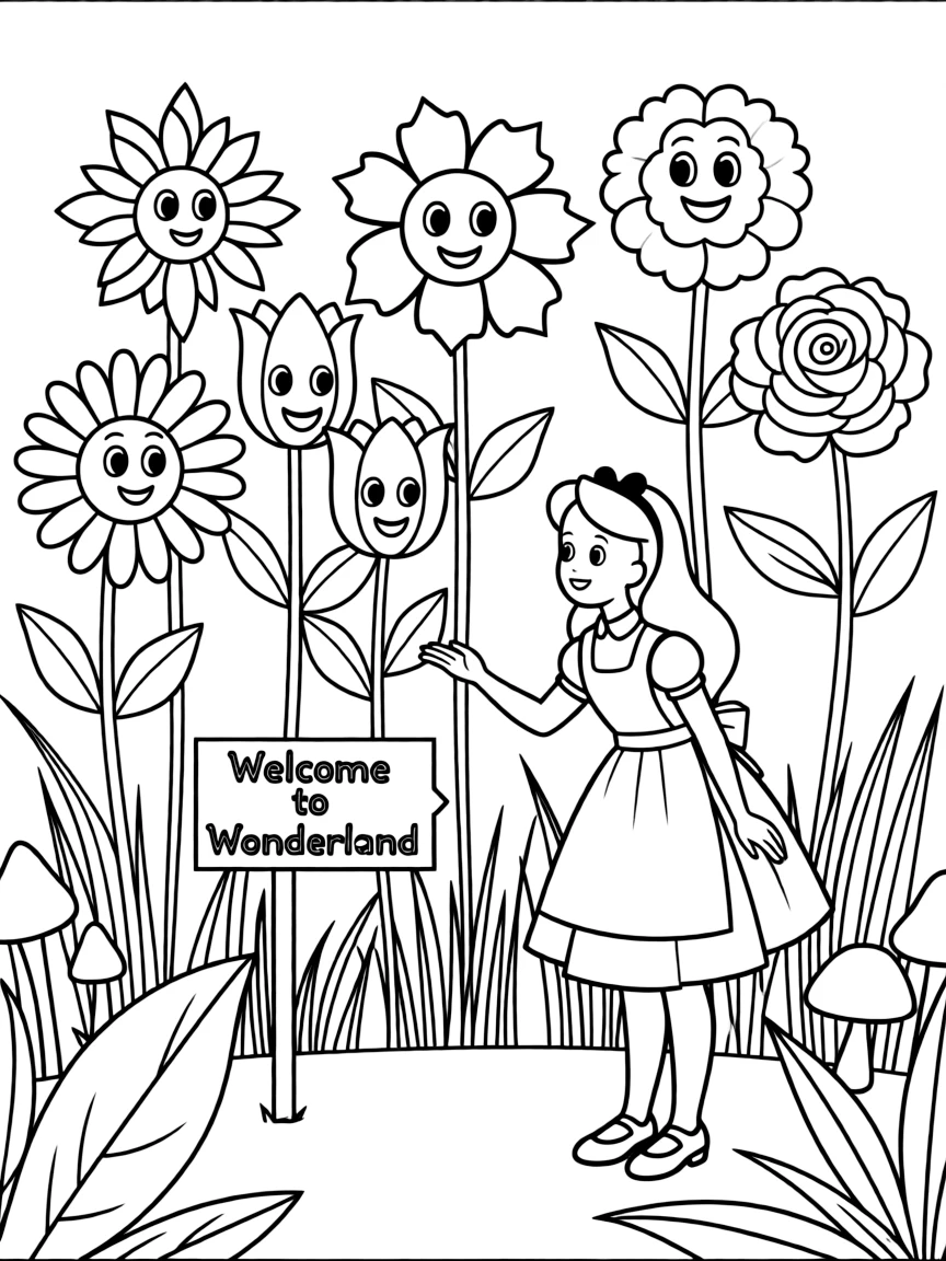 Alice talking to the talking flowers in Wonderland.