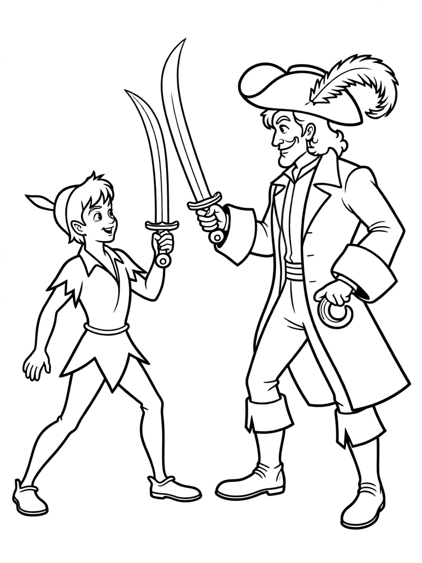 Peter Pan and Captain Hook sword fighting.