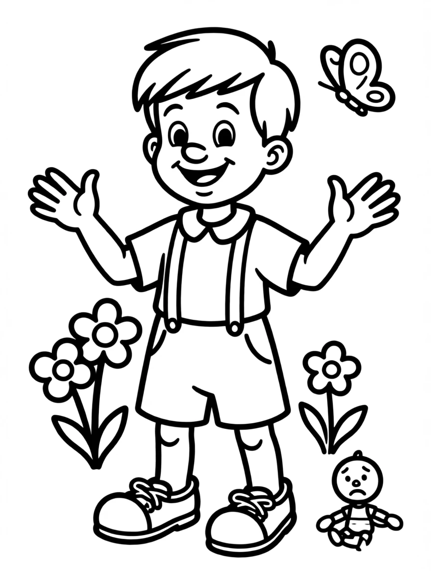 Pinocchio looking happy after becoming a real boy.