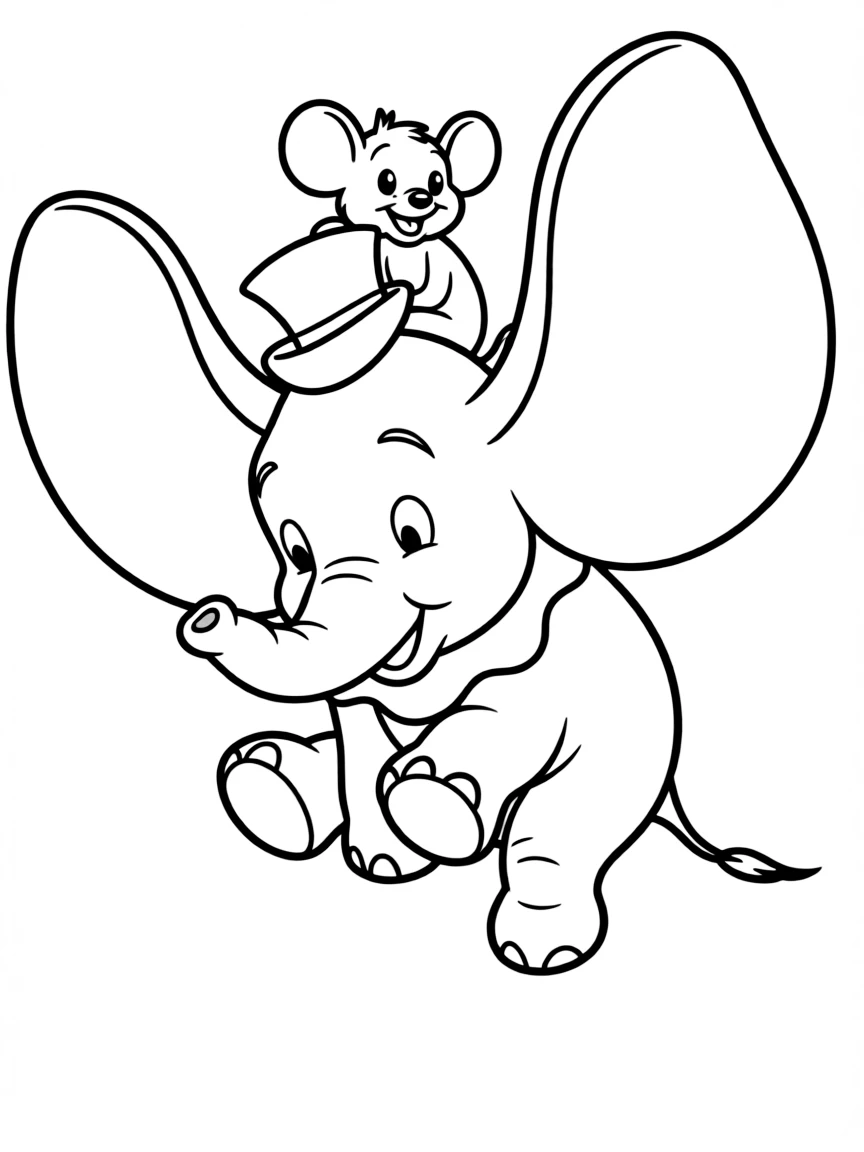 Dumbo taking off in flight, with Timothy on his hat.