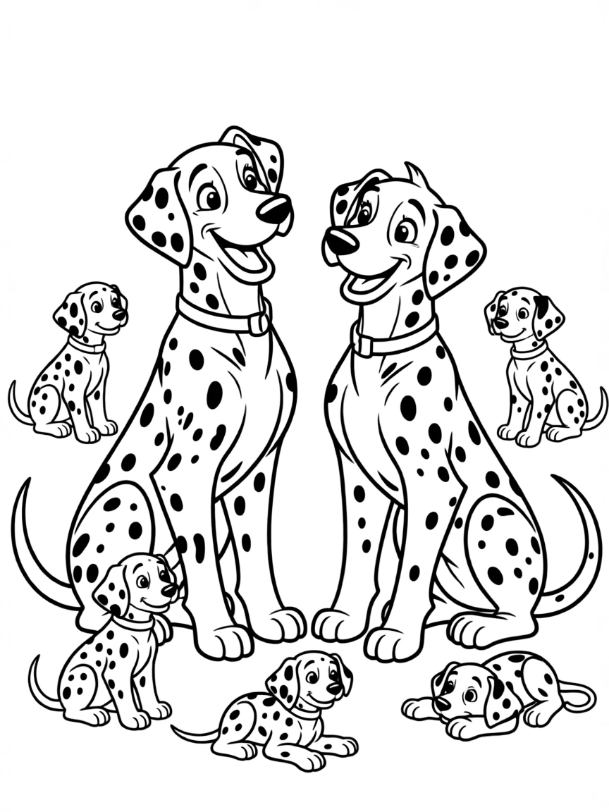 Pongo and Perdita looking relieved, surrounded by their puppies.