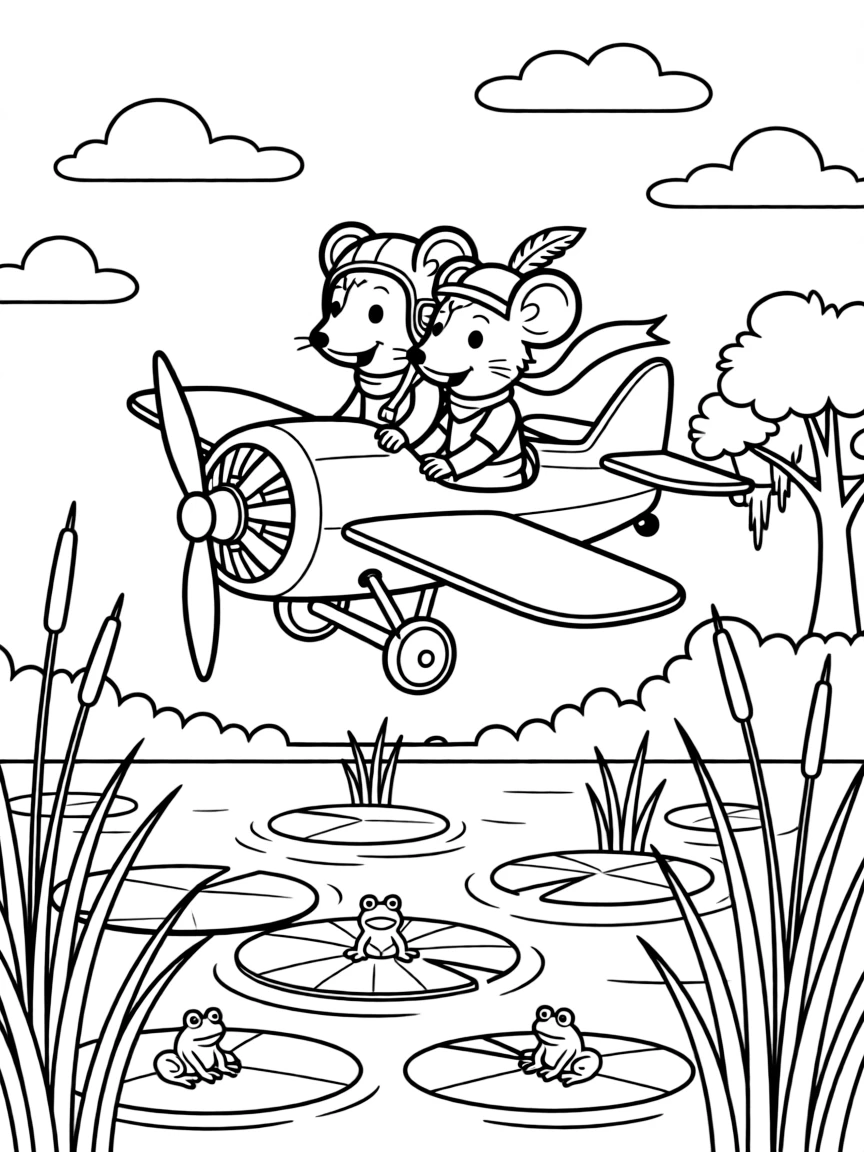 Bernard and Miss Bianca flying over a swamp.
