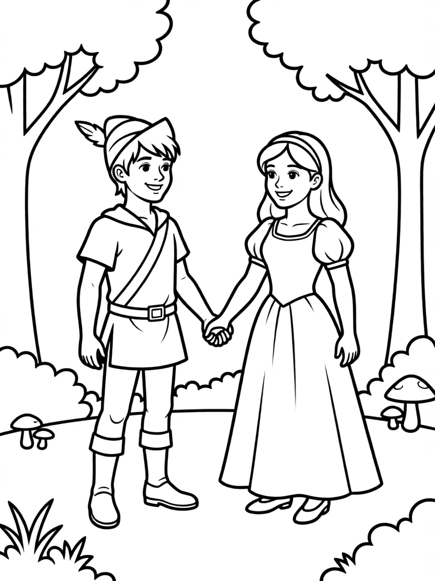 Robin Hood and Maid Marian holding hands.