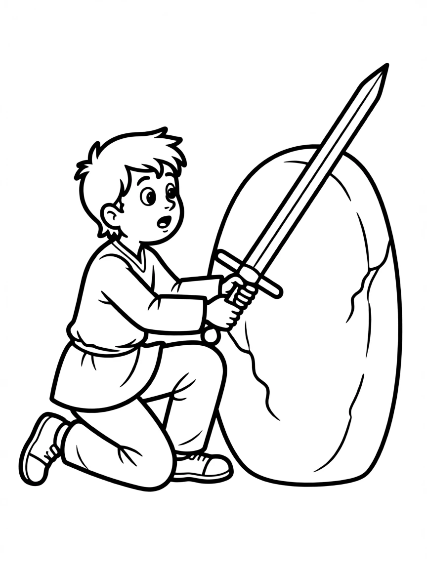 Arthur pulling the sword from the stone, looking surprised.