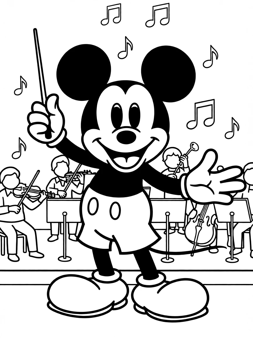Mickey Mouse conducting an orchestra, with a joyful expression.