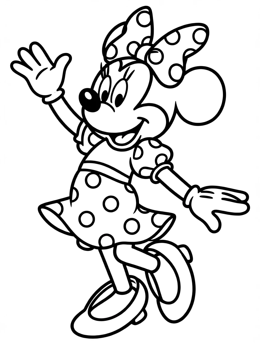 Minnie Mouse dancing elegantly, with a bow in her hair.