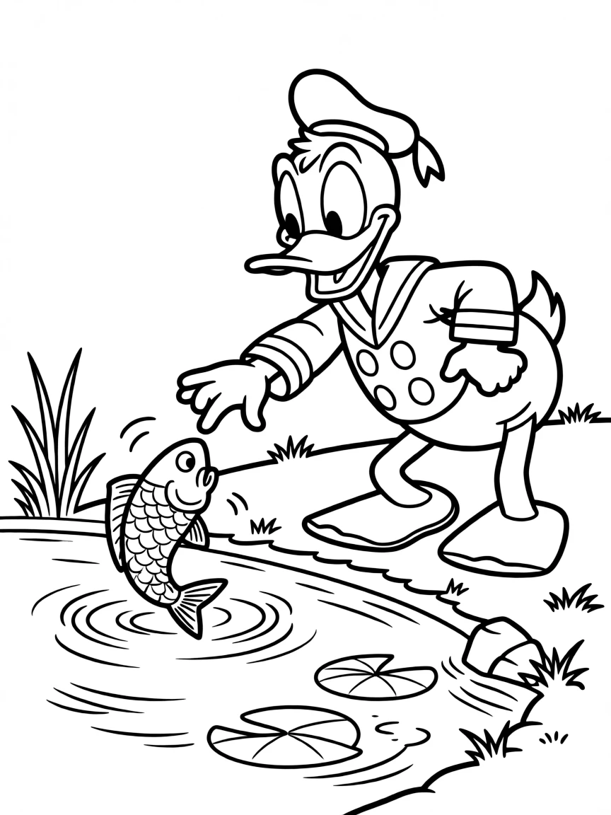 Donald Duck trying to catch a fish, looking frustrated.