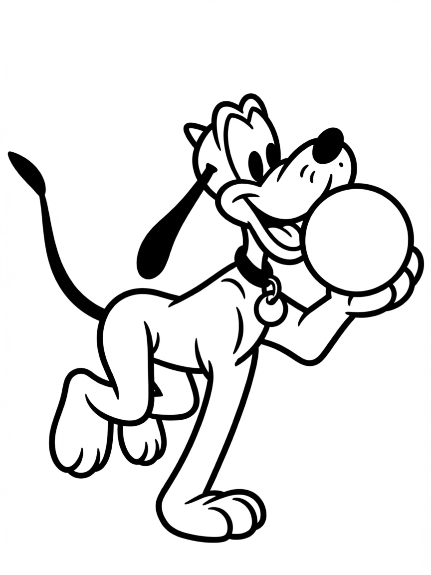 Pluto fetching a ball, wagging his tail.