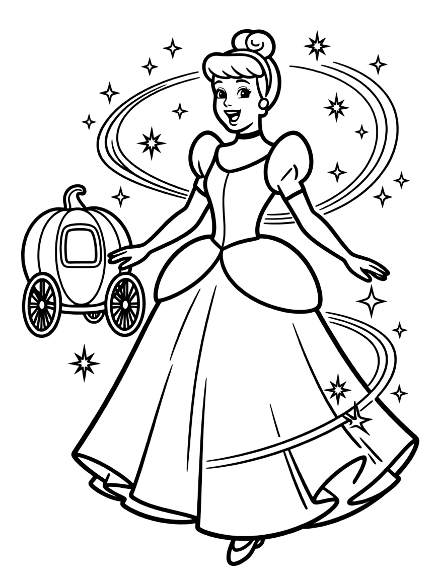 Cinderella's transformation, with sparkling magic all around.