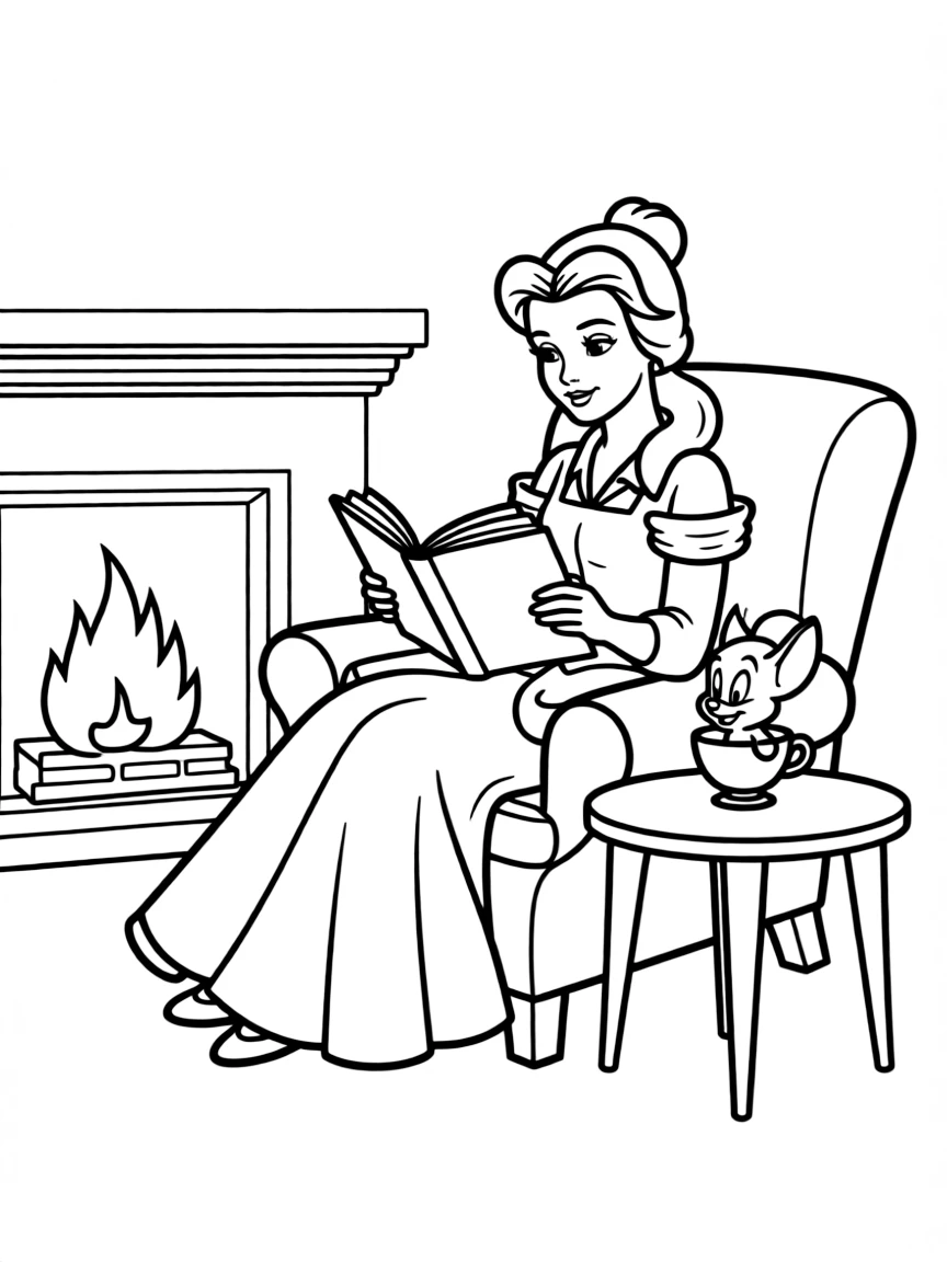 Belle reading by a fireplace, with Chip on the table.