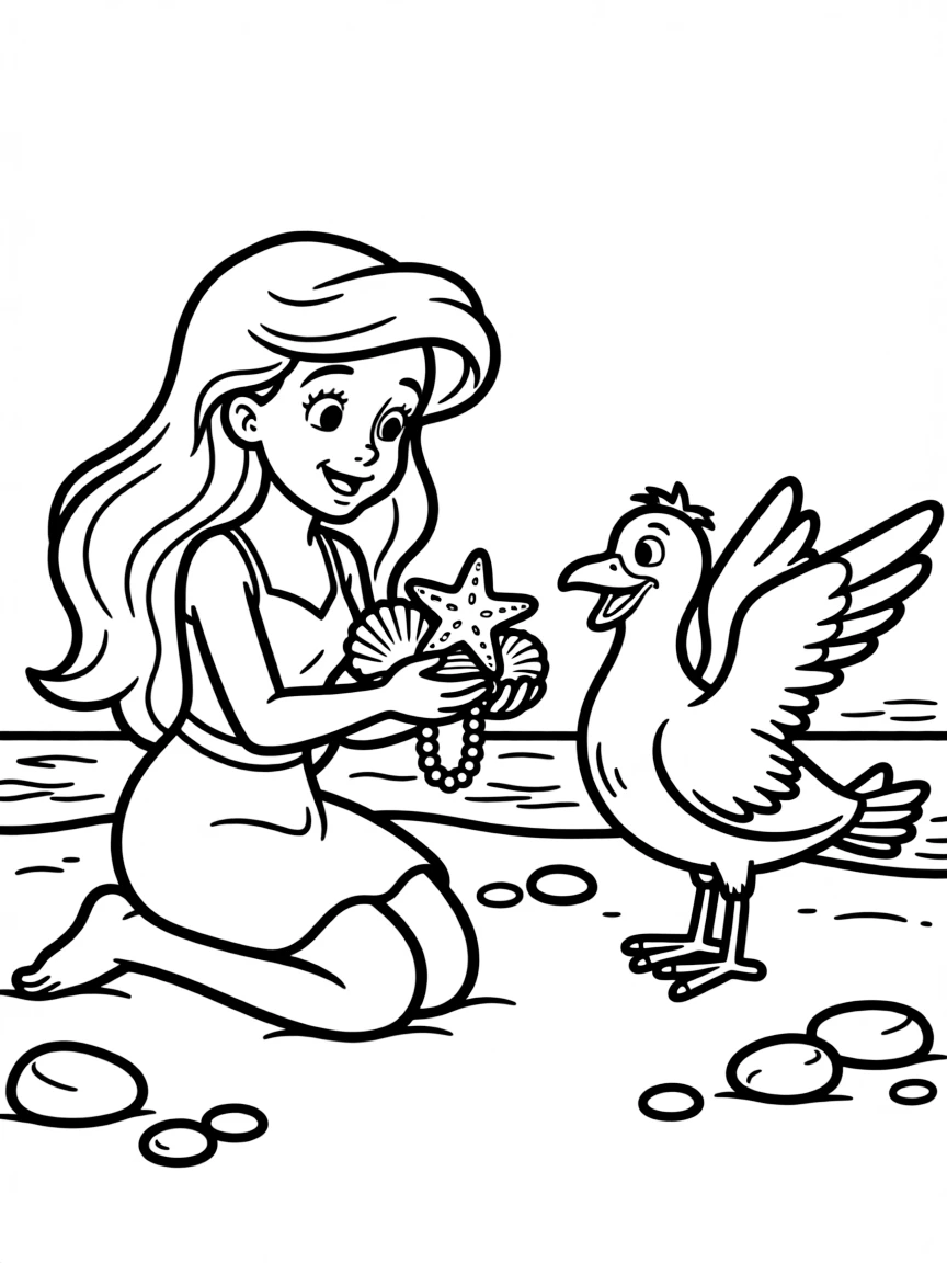 Ariel showing her treasures to Scuttle, looking excited.