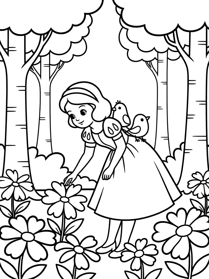 Snow White picking flowers in the forest, with birds on her shoulder.