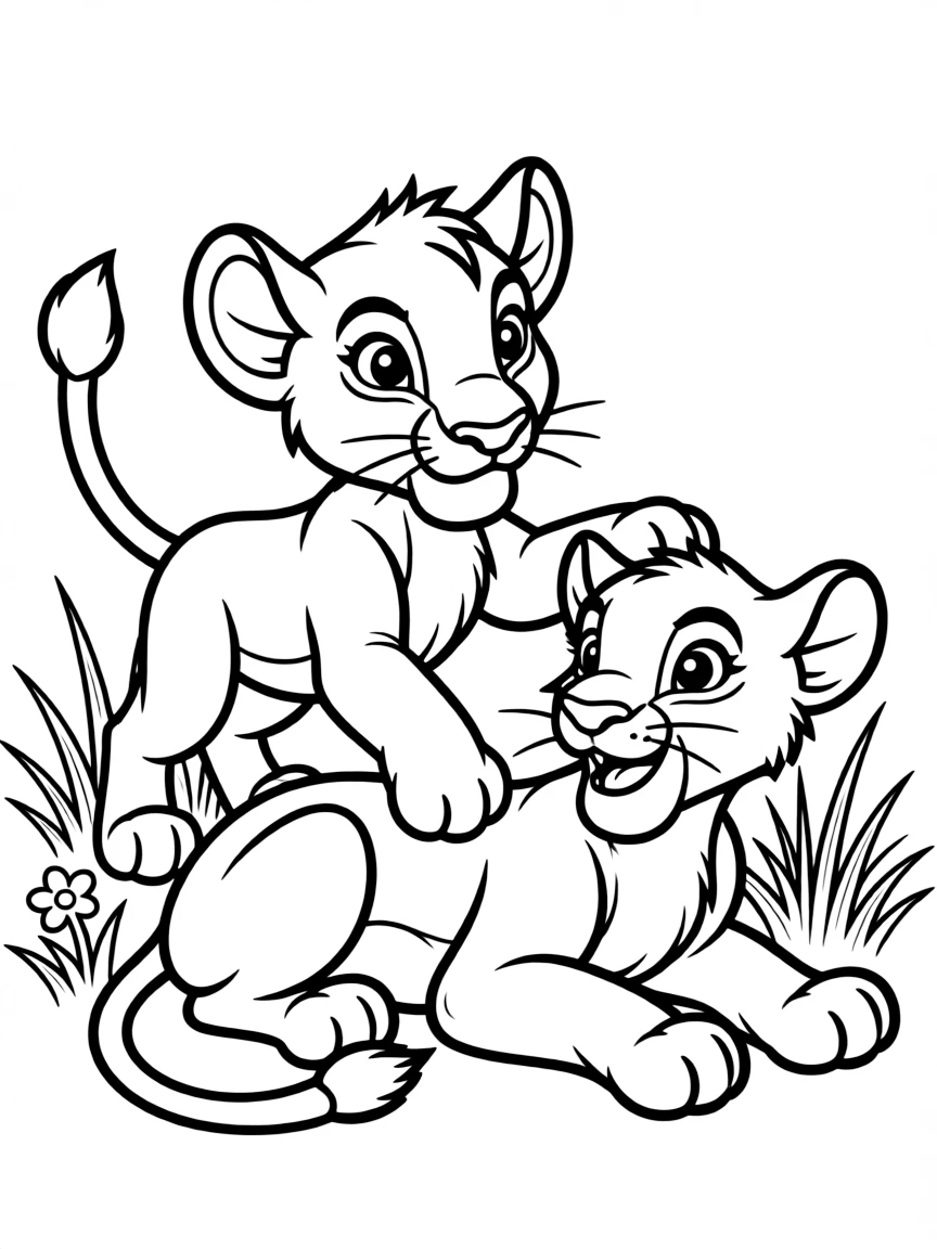 Young Simba playing with Nala, pouncing on her.