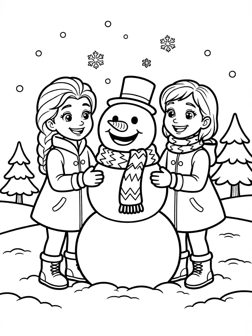 Elsa building a snowman with Anna, looking happy.