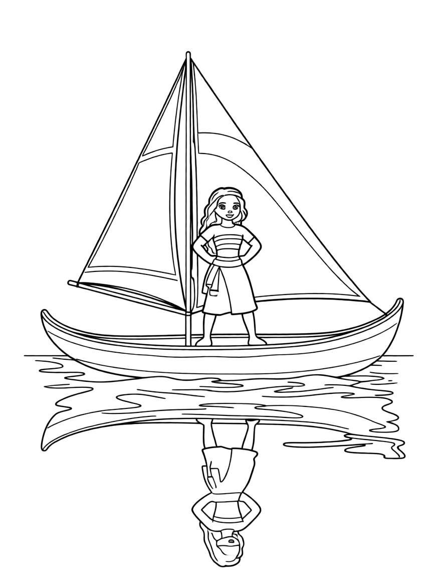Moana standing strong on her boat, with the ocean reflecting her.