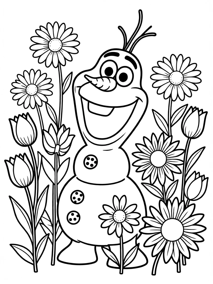Olaf dreaming of summer, surrounded by flowers.