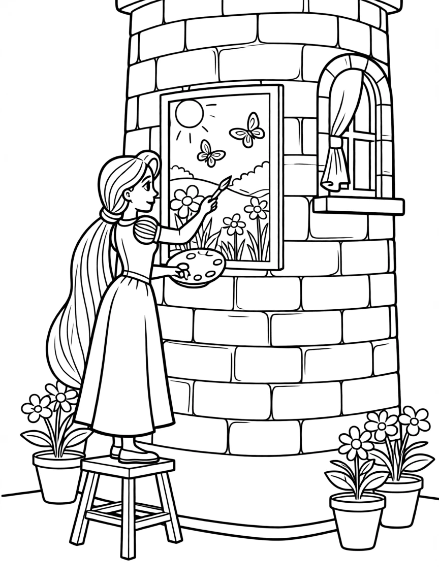 Rapunzel painting a beautiful picture on her tower wall.