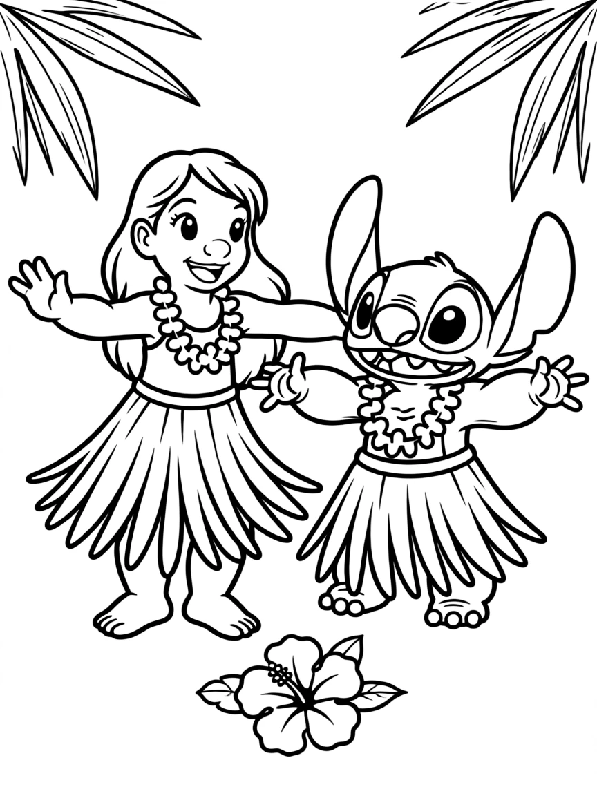 Lilo and Stitch doing the hula dance together.