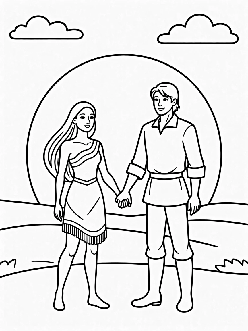 Pocahontas and John Smith holding hands, with a sunset behind them.