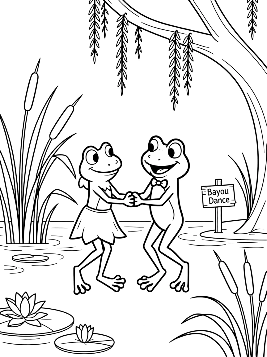 Tiana and Naveen dancing as frogs in the bayou.