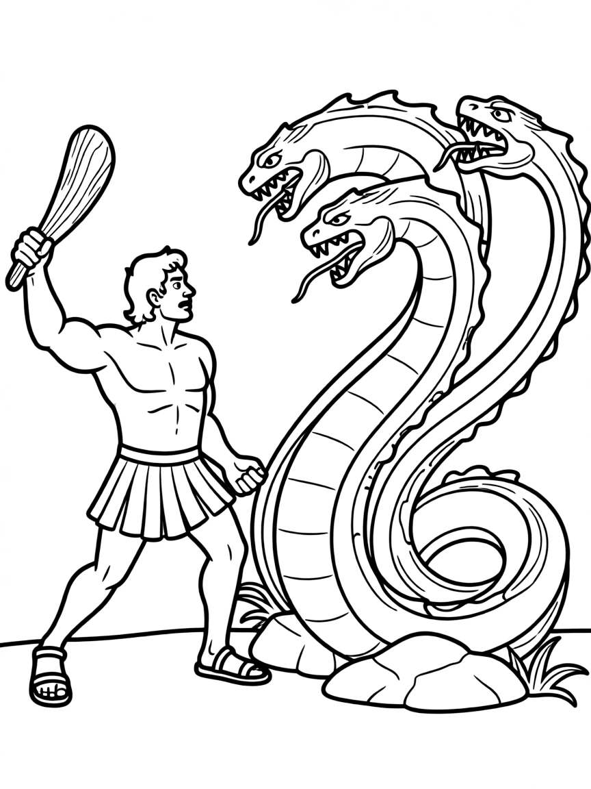 Hercules fighting the Hydra, looking strong.